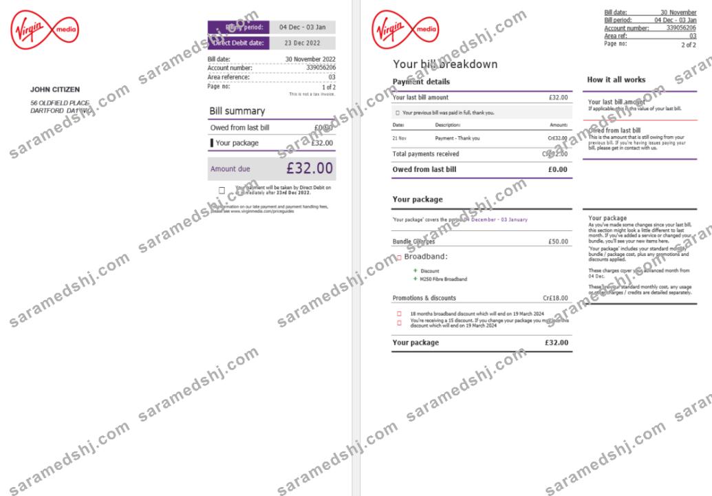United Kingdom Virgi Media invoice Word and PDF template, 2 pages